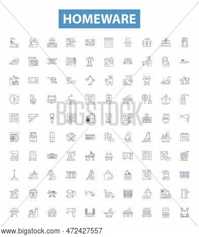 Homeware Line Icons, Signs Set. Furniture, Kitchenware, Tableware, Lighting, Bedding, Bathroom, Deco