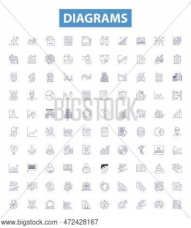 Diagrams Line Icons, Signs Set. Graphs, Charts, Maps, Plots, Tables, Images, Flowcharts, Models, Sch