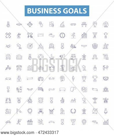 Business Goals Line Icons, Signs Set. Ambition, Profit, Expansion, Productivity, Clientele, Quality,