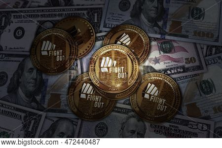 Fight Out Crypto Fght Cryptocurrency Golden Coin 3D Illustration