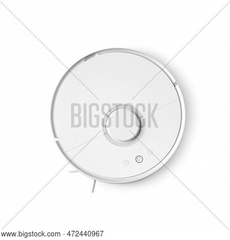 White Robot Vacuum Cleaner Isolated On White. Top View Of A Modern Autonomous Smart Robot Vacuum Cle