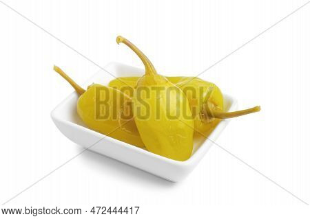 Three Pickled Yellow Peppers, Pepperoncini Or Friggitelli Isolated On White Background. Hot Pepper M