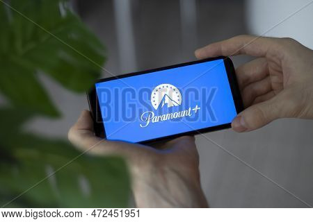 Irpen, Ukraine - January 20 20223, Closeup Of Smartphone Screen Paramount Plus Logo Lettering With I