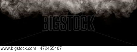 Panorama Of Steam, Smoke, Gas Isolated On A Black Background. Graphic Resource For Montage, Overlay 