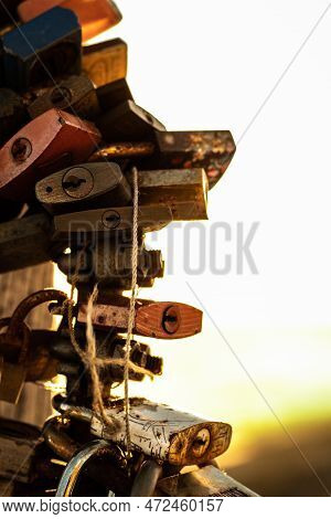 Locks Of Love Attached To The Cross On Jested At Sunrise. Winter Landscape In Liberec Region.