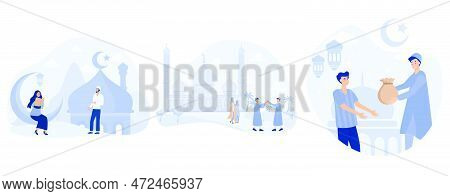 Muslim Activity In Ramadan Month, Muslim People Celebrating Eid Al-fitr, A Man Giving Sadaqa To Poor