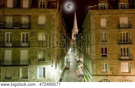 Saint-malo At Night (with The Moon)-- Is A Walled Port City In Brittany In Northwestern France On Th