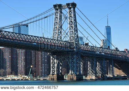 New York City - February 14, 2023: View To Williamsburg Bridge, Suspension Bridge In New York City, 