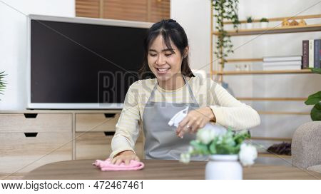Housewife Is Cleaning Things Or Wipe Down And Dining Table In The House The Living Room, Big Cleanin