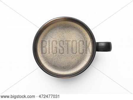 Large Black Coffee In Porcelain Cup On White. Top View.
