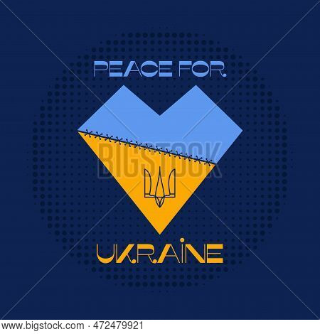 Peace For Ukraine Badge Design With Ukrainian Coat Of Arms Inside The Heart And Sun Bursts. Retro La