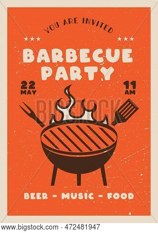 Retro Bbq Party Flyer Template. Bbq Grill Card For Social Media Marketing. Barbecue Post Design. Sto