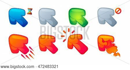 Game Cursor Click. Cartoon Arrow And Pointer Animation For User Interface Gaming Asset, Direction Po