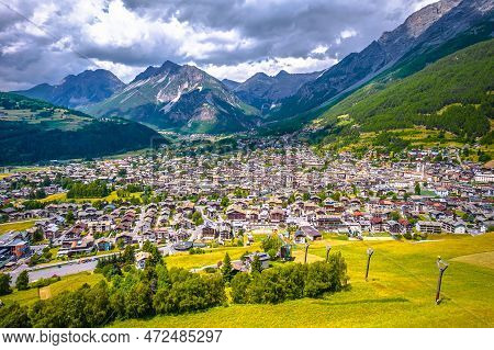 Town Of Bormio In Dolomites Alps Landscape View, Province Of Sondrio, Lombardy, Italy