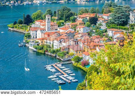 Idyllic Town Of Torno On Como Lake Aerial View, Lombardy Region Of Italy