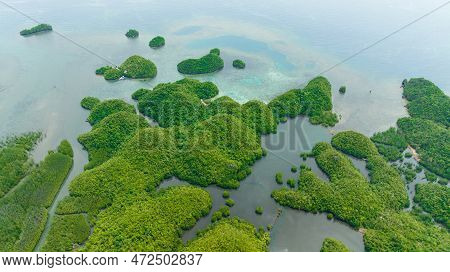 Aerial Drone Of Tropical Island In The Cove. Clusters Of Islands In Lagoons. Sipalay, Negros, Philip