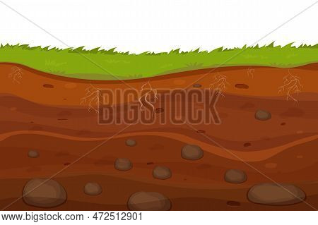 Soil, Ground With Layers, Grass Roots And Stones, Earth Sections In Cartoon Style Isolated On White 