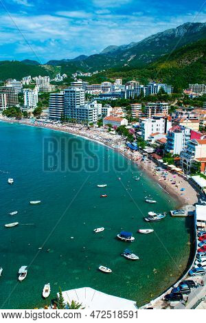 Panorama Of The Beach And The Resort Towns Of Becici And Rafailovici, Located At The Foot Of The Mou