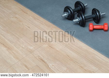 Fitness Concept. Sport Mat, Dumpbells. Active Lifestyle Sport. Workout At Home Or Gym Web Banner.