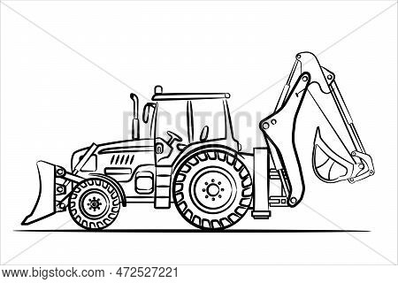 A Hand Drawn Line Art Of A Tractor. Sketch Of A Backhoe Loader. Excavator, Side View. Coloring. Draw