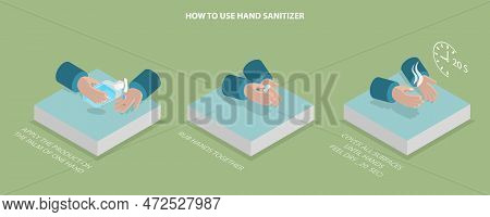 3d Isometric Flat Vector Conceptual Illustration Of How To Use Hand Sanitizer, Healthcare Education