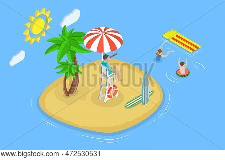 3d Isometric Flat Vector Conceptual Illustration Of Beach Lifeguard, Professional Rescuer Is Doing I