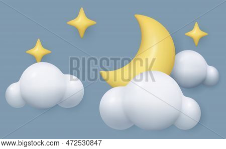 3d Cloud Moon Stars Realistic Night Weather Icon. Toy Glossy Plastic Three Dimensional Evening Sky V