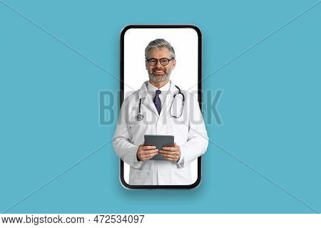 Smiling Friendly Doctor With Digital Pad At Smartphone Screen, Collage