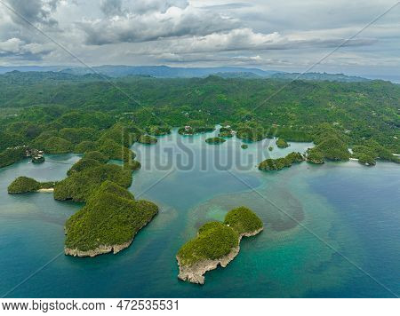Tropical Islands In A Beautiful Bay With Turquoise Water And Lagoon View From Above. Sipalay, Negros
