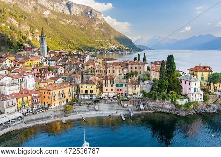 Beautiful Aerial Waterfront Cityscape Of Varenna, One Of The Most Picturesque Towns On The Shore Of