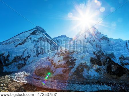 Morning Sun Above Mount Everest, Lhotse And Nuptse From Pumo Ri Base Camp - Way To Everest Base Camp