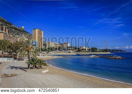 View Of The Mediterranean Coastline And Luxury Residential Apartment Buildings On Larvotto Beach In 