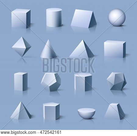 3d Geometric Shapes. Vector Cube, Cylinder And Sphere, Octahedron And Cone, Parallelepiped, Square, 