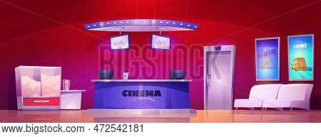 Cinema Interior With Popcorn Machine And Ticker Counter Cartoon Background. Entrance Door In Red Wal