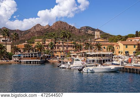 Porto Azzurro Island Of Elba Italy - 19 September 2021 Cityscape Of Harbor Of Porto Azzurro
