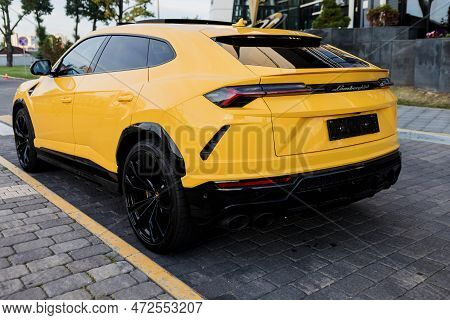 Minsk, Belarus, March 2023 - Lamborghini Urus Superfast Sports Car. Back View