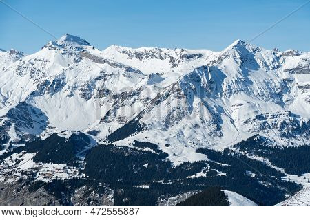 Eigergletscher, Canton Bern, Switzerland, February 11, 2023 Incredible Beautiful View Over The Snow 
