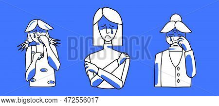 Sad Female Set. Young, Adult And Old Women With Sadness, Emotion Of Melancholy, Crying With Tears. B