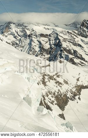 Eigergletscher, Canton Bern, Switzerland, February 11, 2023 Incredible Beautiful View Over The Snow 