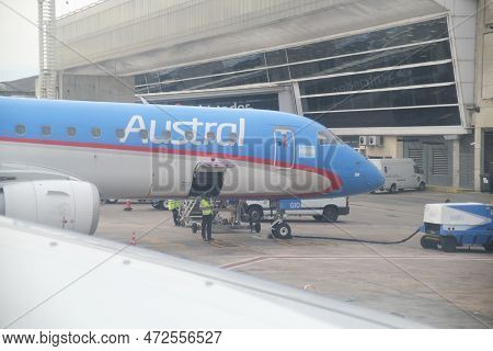 Buenos Aires, Argentina, November 18, 2022: Commercial Austral Airplane At The Boarding Area The Jor