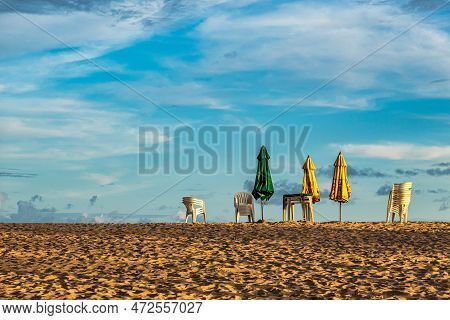 View Of Imbassai Beach, Bahia, Brazil. Beautiful Beach In The Northeast With A River And Palm Trees.