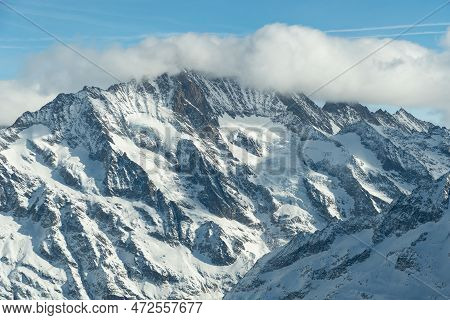Eigergletscher, Canton Bern, Switzerland, February 11, 2023 Incredible Beautiful View Over The Snow 