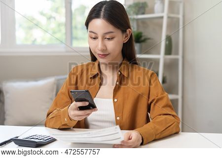 Convenience Online Internet Banking, Asian Young Woman Hand In Payment Bill, Spending By Scan Qr Cod