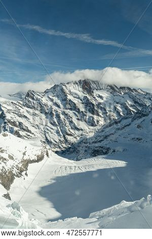 Eigergletscher, Canton Bern, Switzerland, February 11, 2023 Incredible Beautiful View Over The Snow 