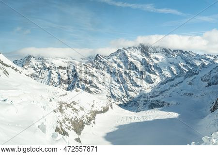 Eigergletscher, Canton Bern, Switzerland, February 11, 2023 Incredible Beautiful View Over The Snow 