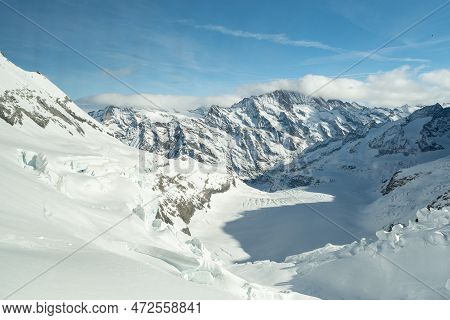 Eigergletscher, Canton Bern, Switzerland, February 11, 2023 Incredible Beautiful View Over The Snow 