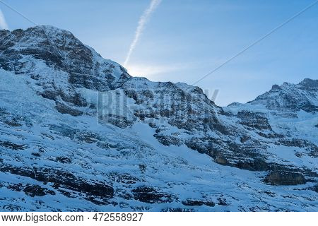 Eigergletscher, Canton Bern, Switzerland, February 11, 2023 Incredible Beautiful View Over The Snow 