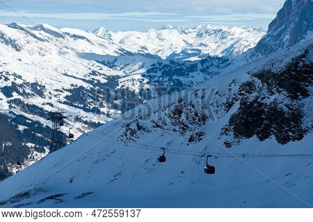 Eigergletscher, Canton Bern, Switzerland, February 11, 2023 Incredible Beautiful View Over The Snow 