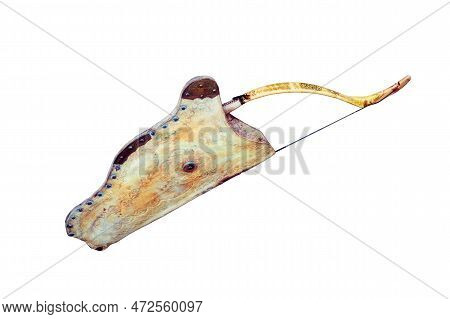 Quiver With Bow Hanging On A Temporary Dwelling Of The Nomadic Tribe, Isolated On A White Background