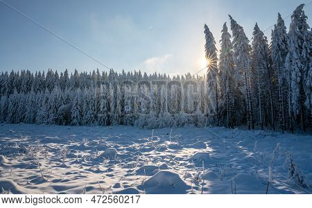 Panoramic Landscape Image Of Kahler Asten During Wintertime, Sauerland, Germany